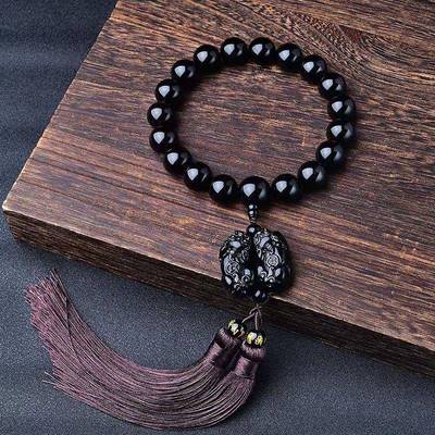 天档然黑曜石双貔貅车挂搭配天然曜黑石珠手持车ALR挂位装圆饰品