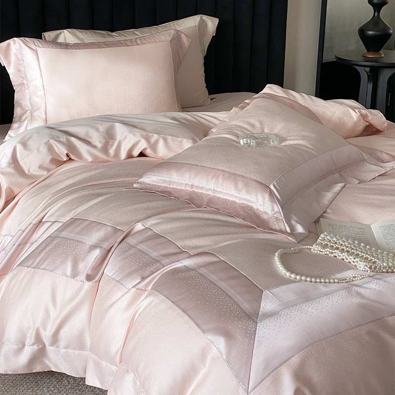 轻奢风柔软天丝棉四件套简约提花双拼被套全棉贡缎1.8m床上用品