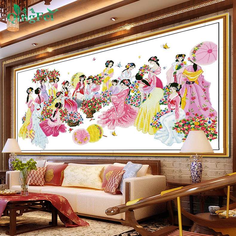 青飞精准印花盛世花海十字绣钻石画红楼群芳百花齐放古典美女刺绣