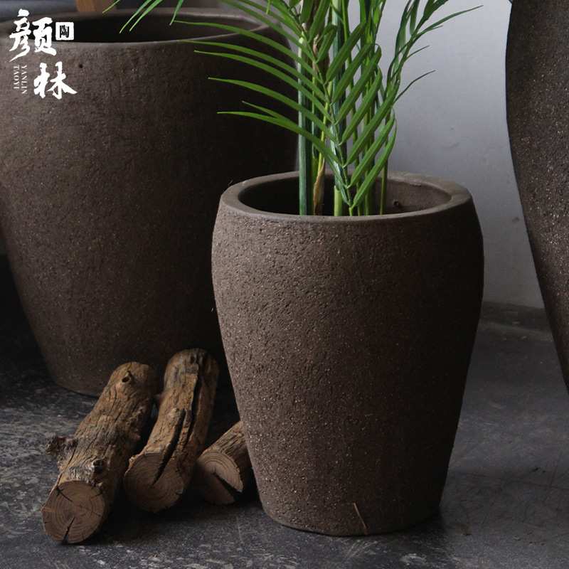 粗陶紫砂盆大码北欧风陶罐花盆粗砂盆缸种树咖色花盆组合花盆大口