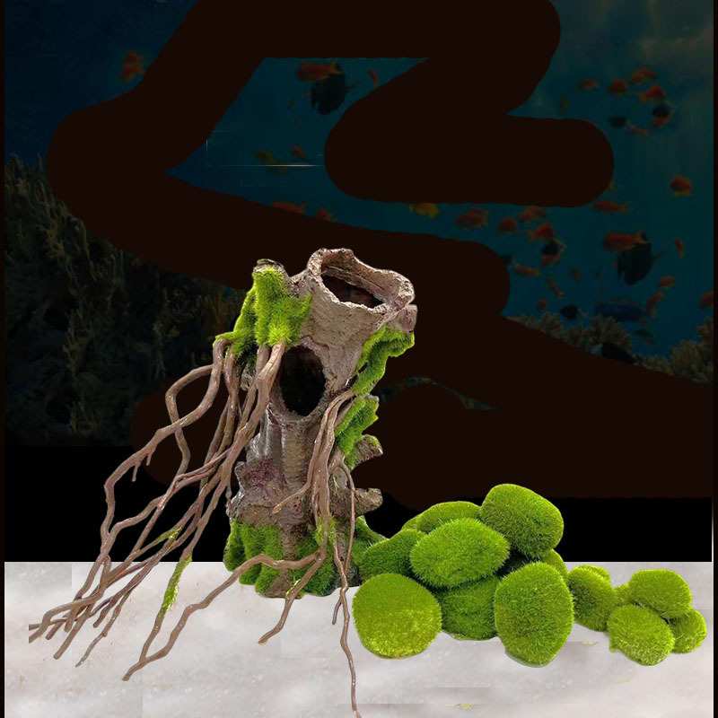 新款仿真绿藻球仿真树根树洞躲避屋微景观水族箱造景仿真青苔石
