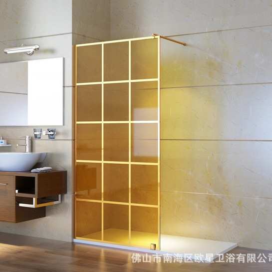 Walkin Shower Screen金色网格丝印玻璃浴室屏风无障碍轮椅淋浴房