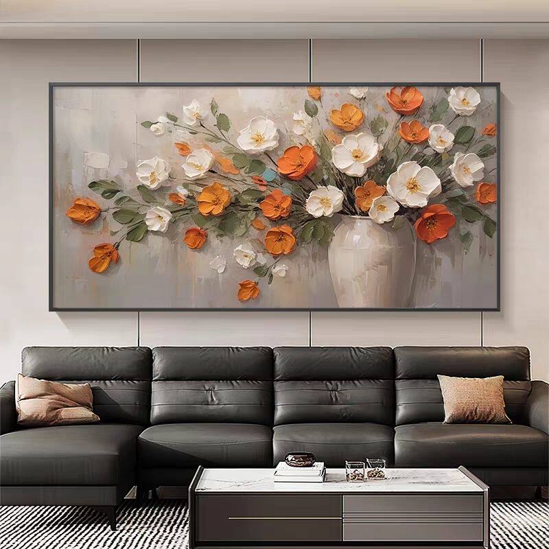 手绘花卉油画横版沙发背景墙装饰画轻奢高级感挂画古风新款