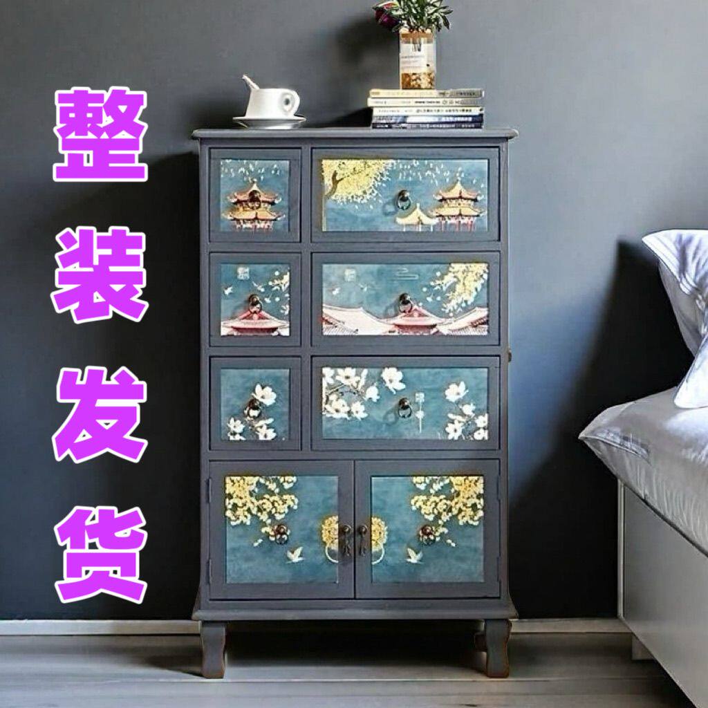 实木床头柜美式复古柜子卧室斗柜新中式彩绘置物柜斗柜客厅欧美风