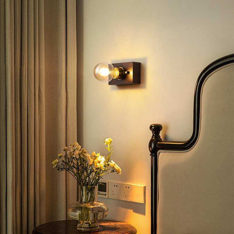 壁灯黑胡桃木软管灯卧室阅读灯自带开关调节极简装饰床头复古风