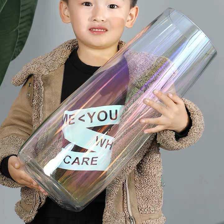 简约彩色玻璃花瓶透明百合花器客厅花盆大号水养插花摆件七彩玻璃