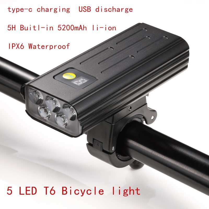 新款5 LED T6自行车前灯USB充电Type-C 手电内置电池山地自行车灯