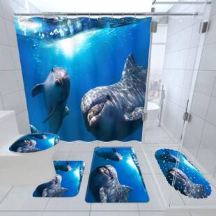 海豚跃动浴帘浴室地垫组合五件套装卫生间地毯淋浴房门垫脚垫
