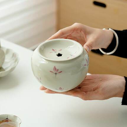 草木灰手瓷绘粉盖兰花陶JS-0119纯单个茶渣水盂带家用盖碗茶壶废