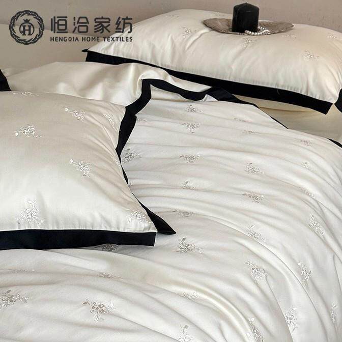 轻奢风小资高支长绒棉四件套银丝线花卉刺绣纯棉被套床上用品白色