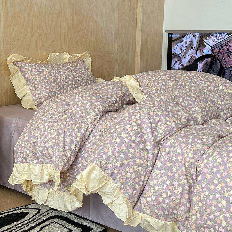 复古ins紫色碎花纯棉四件套韩系大花边全棉被套少女心1.5m1.8床单