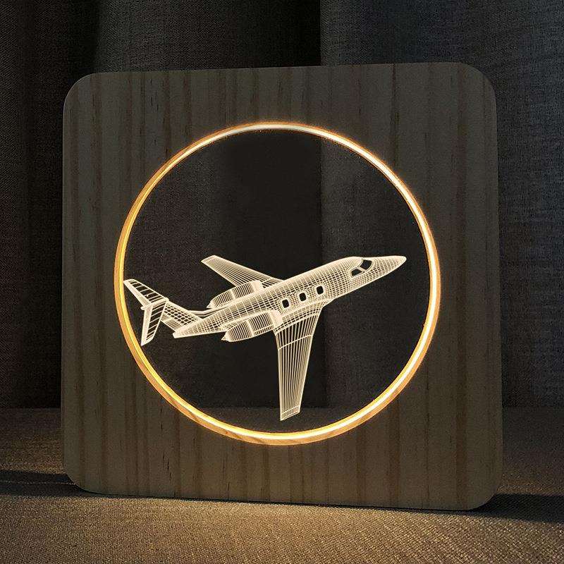 实木镂空框木质夜灯台灯 飞机造型视觉3D亚克力小夜灯FS-A3602W