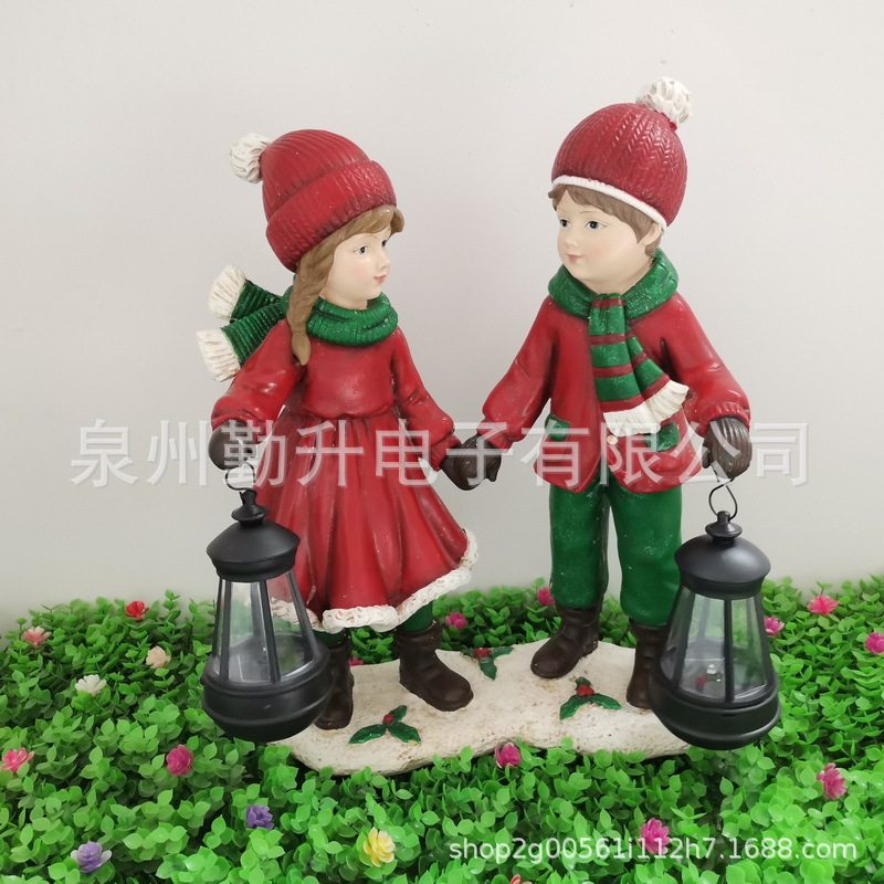 树脂小孩提灯笼花园摆件太阳能灯户外庭院灯精灵装饰可爱男孩女孩