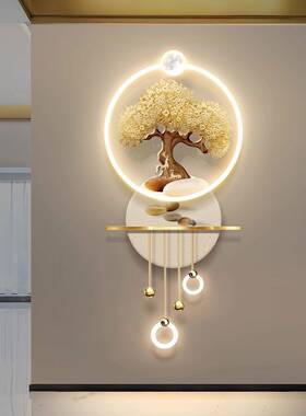 现代轻奢D入户玄挂关装饰画带LE壁灯寓意20240905好发财树画走廊