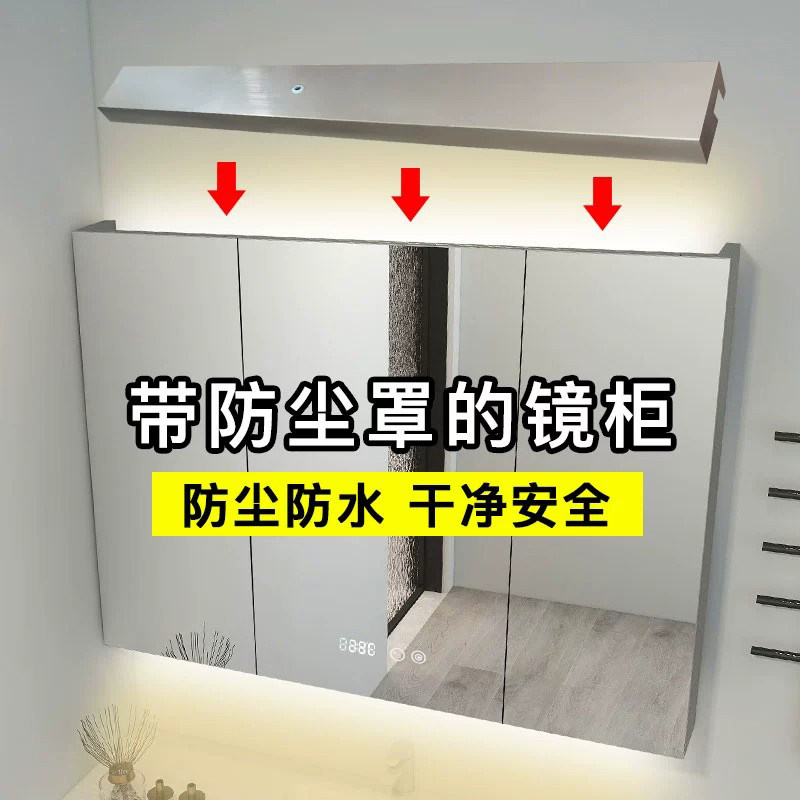 9W不锈钢镜柜带灯智能除雾厕所防尘罩沥水收纳壁挂镜子浴室柜定