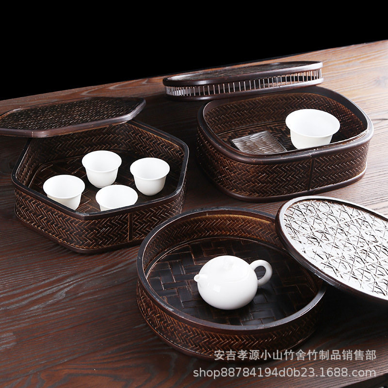竹编复古圆盒食盒带盖大漆茶道收纳盒点心干果收纳盒便携带盖竹盒