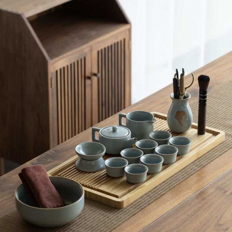 汝窑茶具套装柏彩釉功夫茶套组茶杯盖碗茶壶复古中式整套陶瓷茶盘