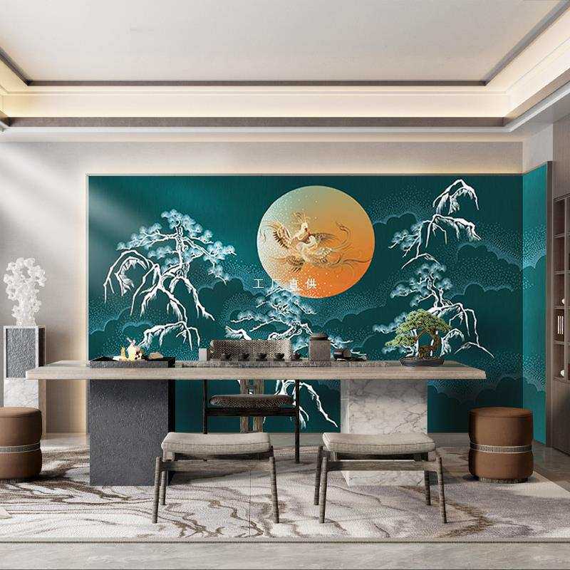 新中式花鸟山水蓝色定 制壁画客厅电视背景墙墙纸书房全屋无缝壁