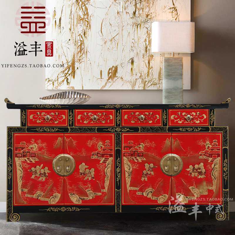 现代新中式仿古实木漆器玄关柜做旧复古手绘门厅鞋柜装饰摆设家具