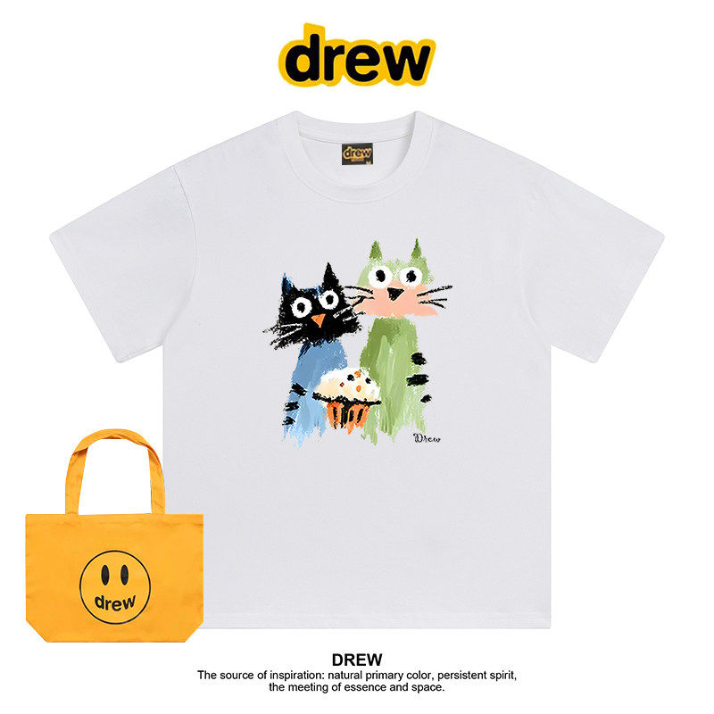 Drew美式潮牌涂鸦猫咪夏季圆领正肩短袖T恤男女款休闲情侣装上衣