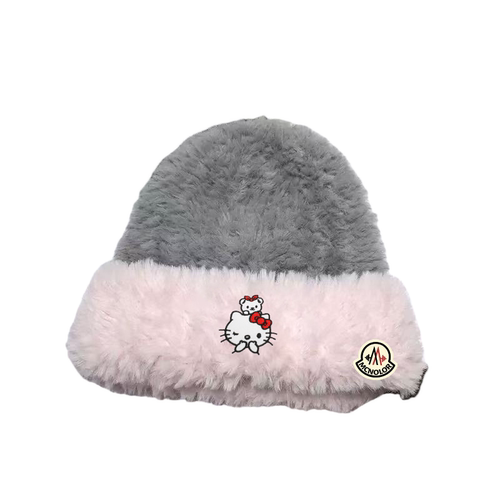 蒙口钢琴【官方直营】毛绒帽女灰色拼接小猫咪图案保暖百搭针织帽