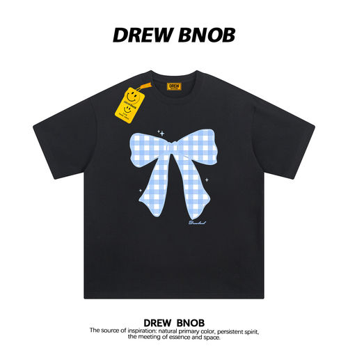 DREWBNOB美式潮牌格子蝴蝶结印花短袖t恤男女休闲宽松情侣半袖ins
