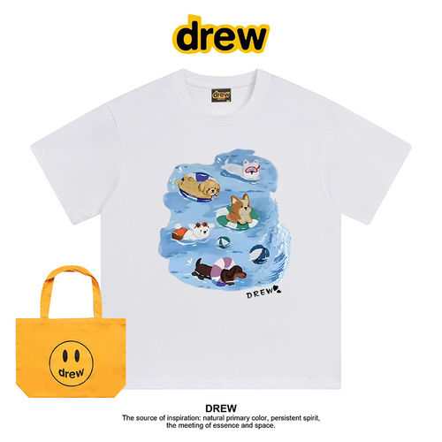 Drew美式潮牌卡通游泳小狗印花休闲圆领纯棉短袖T恤男女情侣上衣