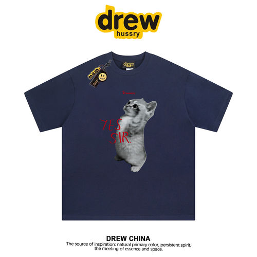 DREW 美式潮牌趣味猫咪印花短袖t恤男女百搭宽松纯棉情侣上衣