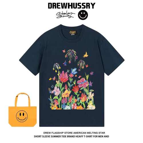 DREW卡通和蔼治愈小动物花朵印花短袖T恤男女同款宽松纯棉上衣ins