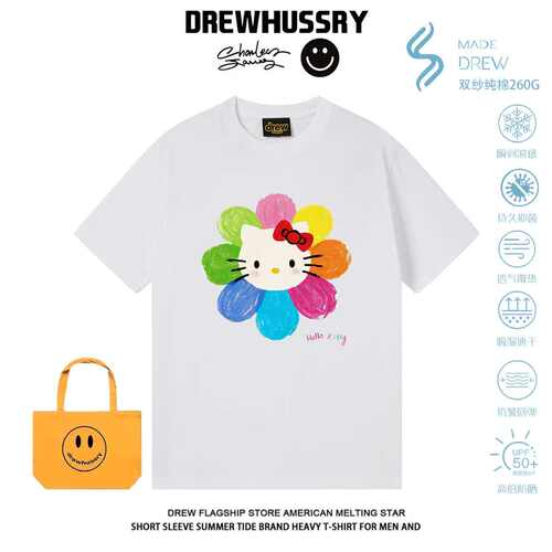 Drew美式潮牌彩色花朵kt卡通可爱印花短袖T恤男女宽松小众纯棉ins