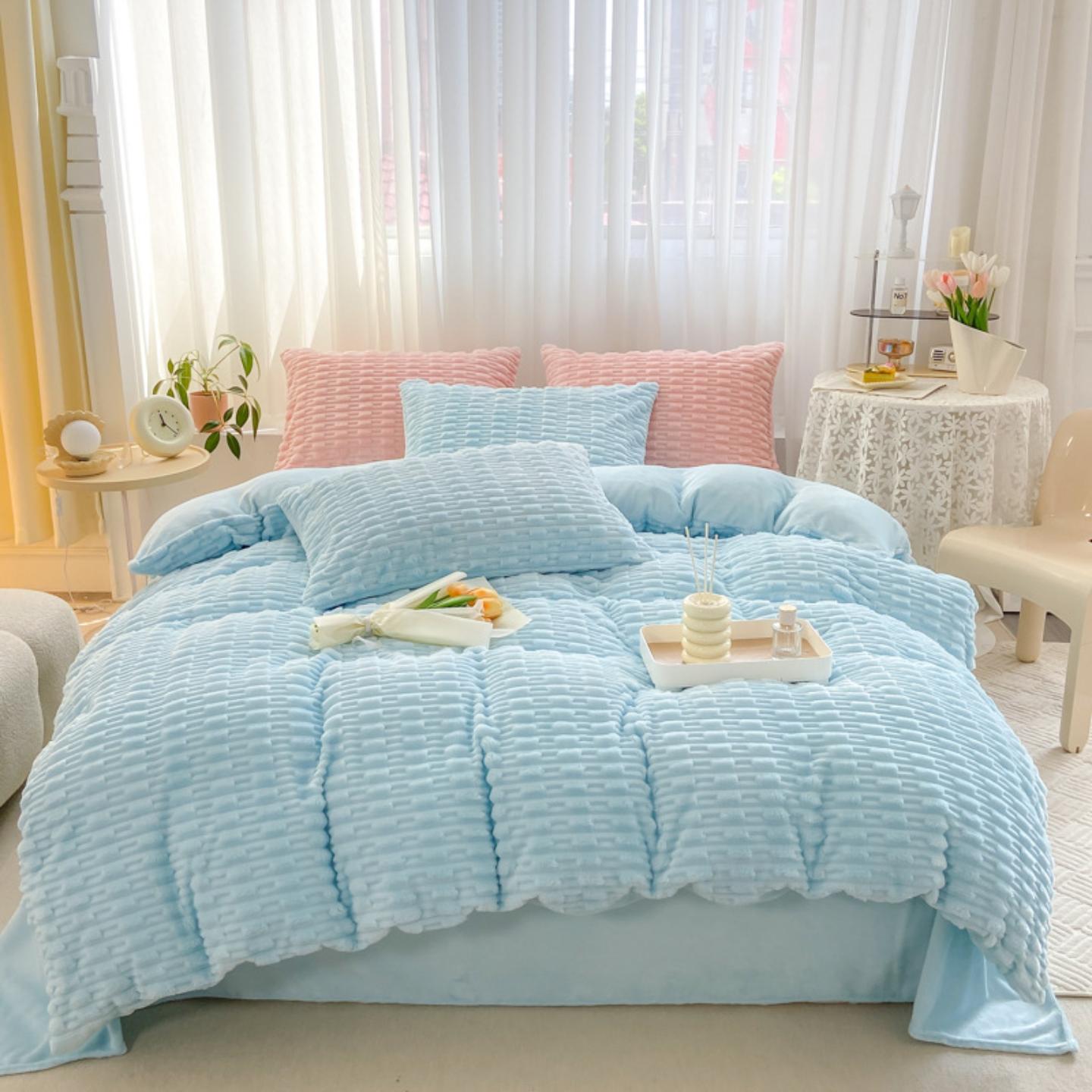 韩版纯色牛奶绒雕花四件套兔兔绒