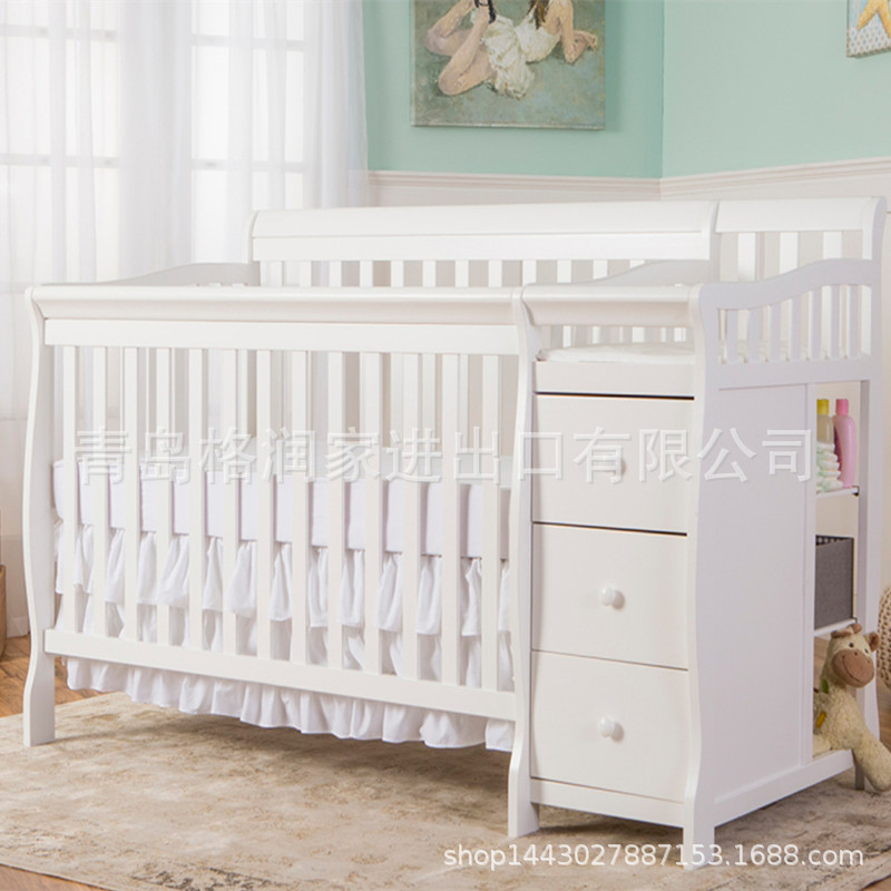 出口美式松木多功能组合婴儿床宝宝床带尿布柜可拼大床沙发床童床