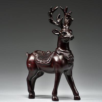 黑檀木雕梅花鹿摆家件居客厅实木麋一对工艺桌鹿面摆FJR01187设酒