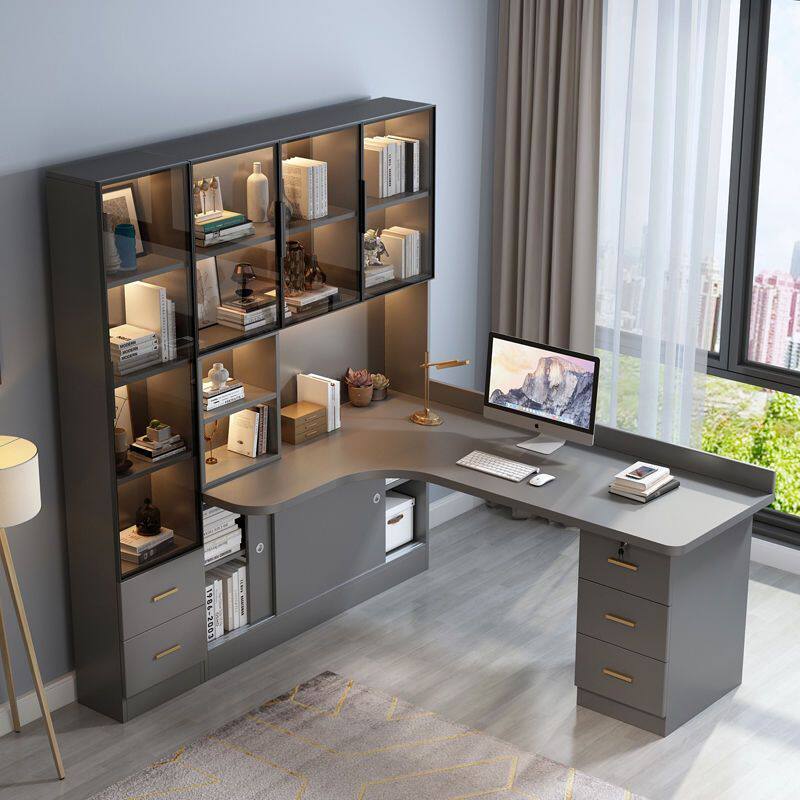 实木转角台式电脑桌书桌书柜组合一体轻奢家用卧室学生写字学习桌