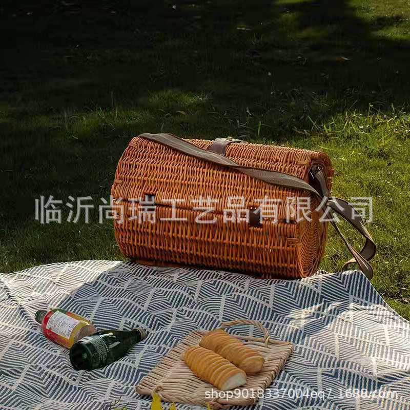 大容量柳编圆筒野餐篮