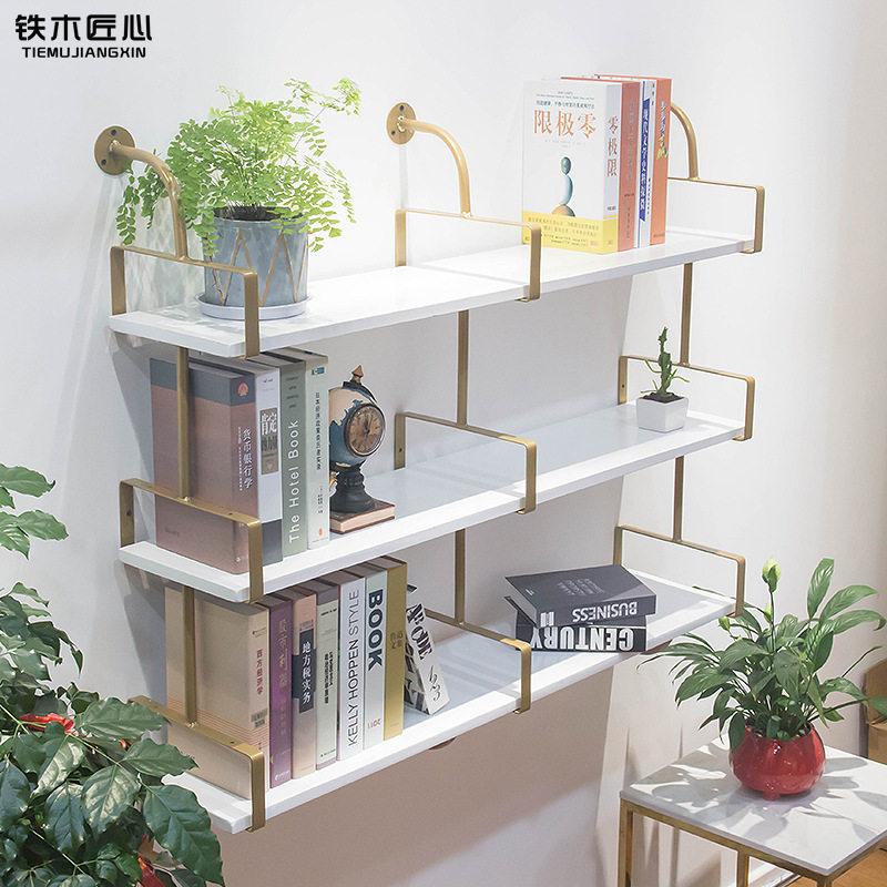 简约轻奢实木铁艺墙上多层置物架