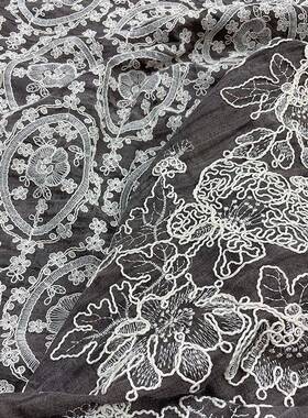 秋外冬新款复古港重风亚麻棉VNX工绣花炒色服装-面料套裙装布F114