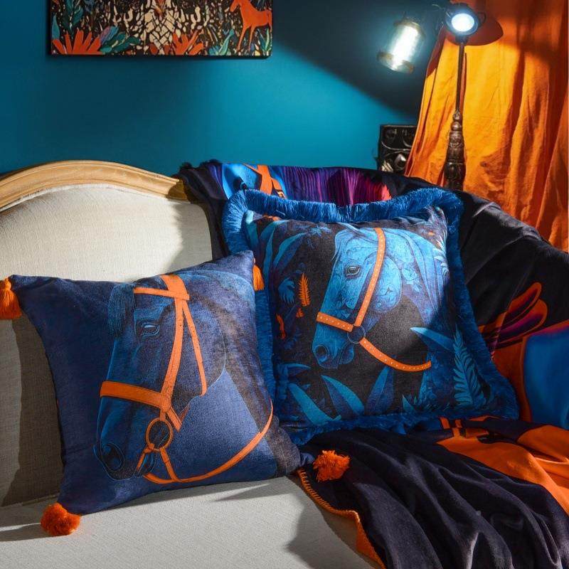 轻ZTN奢时尚雪尼尔双面印花方抱枕复护古流苏蓝色骏马沙发枕腰靠,居家布艺,抱枕被,淘宝优惠券,粉丝福利购,淘宝优惠卷