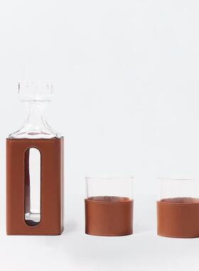 现ES-A6286代橙色皮革玻璃酒具套客飘件窗醒酒器装饰厅摆餐桌茶几