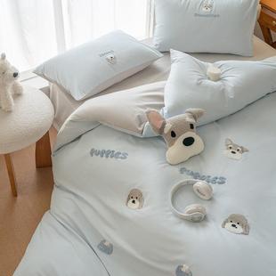奶油卡通小狗全棉磨四毛LD241107件套10风0支纯棉毛巾绣被套加床