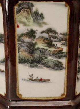 玩古董做旧桌面书桌粉XIK彩山水人风物图纹六角笔筒古瓷器件古典