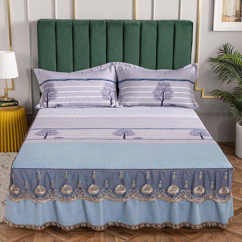 纯棉单件床裙床罩三件套边磨毛床单荷叶边6598安逸花枕厚套高品质