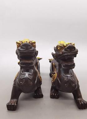 古韵古铜器紫铜色鎏金貔貅一对家居摆玩仿AL634452古鎏金件貔斋貅