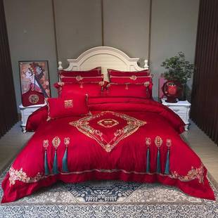 婚九H1088喜上狐婚庆家纺结婚床用品婚房布置备件套红四色喜被天