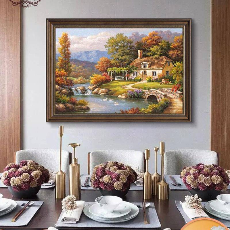 美式绘挂画厅油画餐厅装饰画简美式餐厅饭风景壁美画玄关卧室客厅