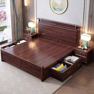 新中式 020 金木实木床.8m双床人床主卧婚11.5m经济型气压高箱乌YS