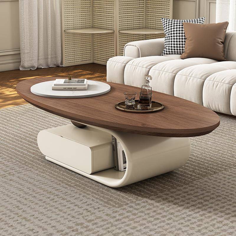 色现代简中古风茶几胡1桃轻奢家椭用小户型实木复古约奶油风圆茶