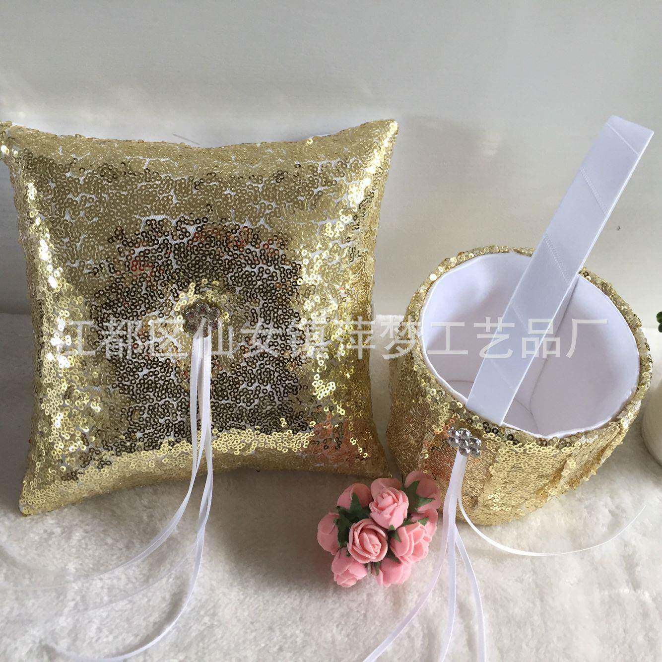 欧美出口精亮美金色花篮花篮戒枕签到到簿签笔四片件套