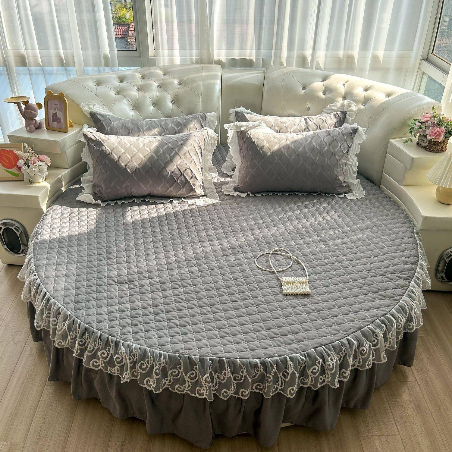 床裙保件加暖床笠加棉10017896圆形丝圆床圆床单蕾韩式厚四套床垫