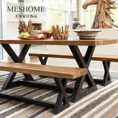 复古美式铁吧子艺实木餐桌椅组业合简约工风办公YPH28700桌长方会